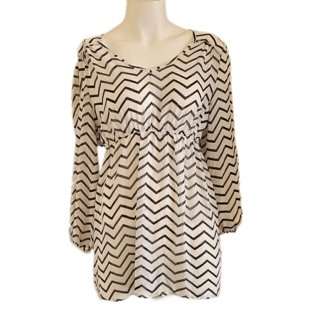 Sassy Maternity blouse small chevron striped lightweight semi sheer cream black